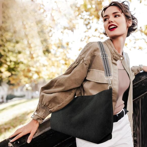 Women’s Black Corduroy Tote Shoulder Bag with Adjustment Straps And Zipper - Picture 7 of 7